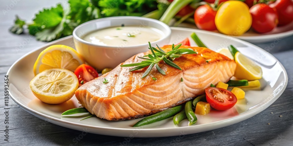 Salmon steak with lemon vegetables and sauce , Fresh, gourmet, seafood, delicious, dinner, healthy Salmon steak with lemon vegetables and sauce , Fresh, gourmet, seafood, delicious, dinner, healthy