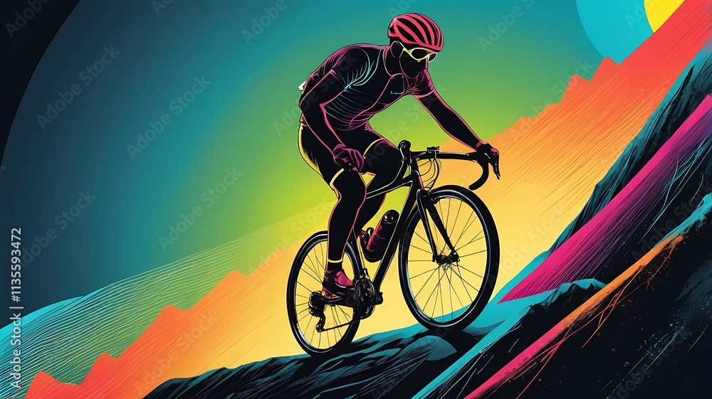 Fototapeta premium Cyclist Ascending Vibrant Mountain Road Scene