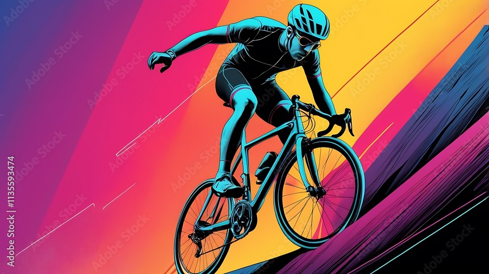 Fototapeta premium Cyclist Riding Road Bike Dynamic Ascent Colorful Background