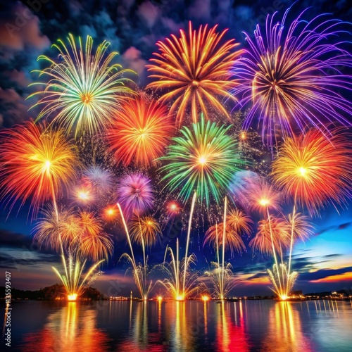 A celebratory atmosphere with colorful fireworks illuminating the night sky