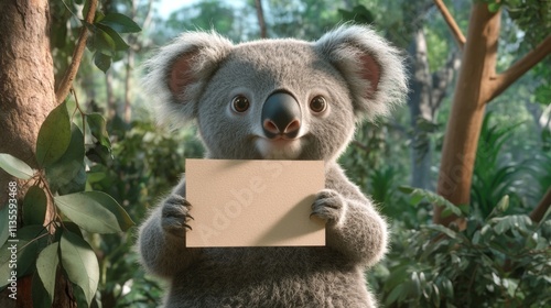 Cute koala holding blank sign in lush forest animal portrait nature scene whimsical viewpoint creative concept photo