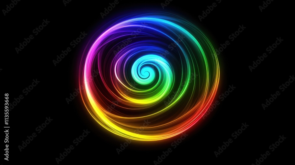Colorful Spiral Design with Radiant Light on Black Background Colorful Spiral Design with Radiant Light on Black Background
