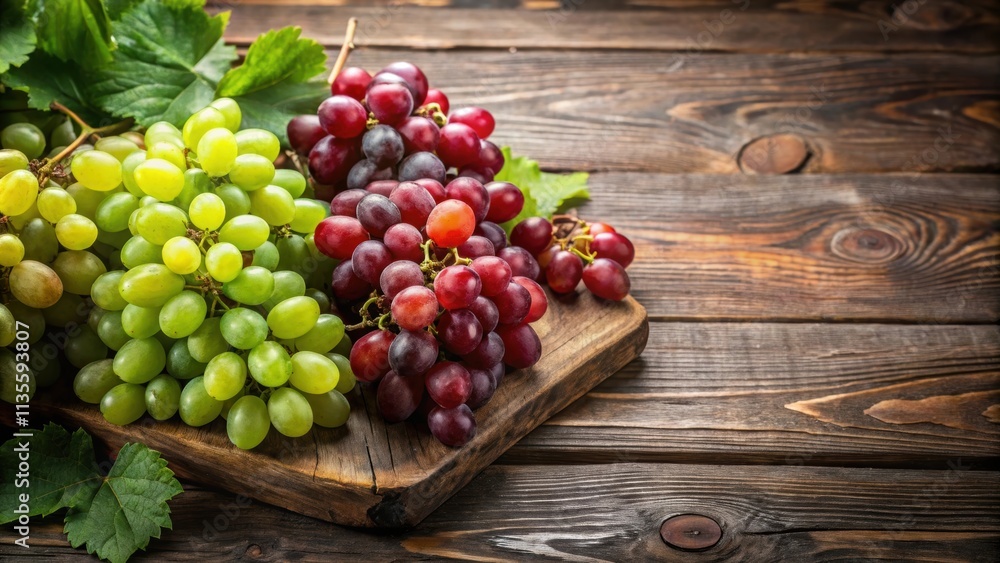 Red and green grapes displayed on a rustic wooden board, grapes, fruit, fresh, organic, healthy, snack, food, wooden, board