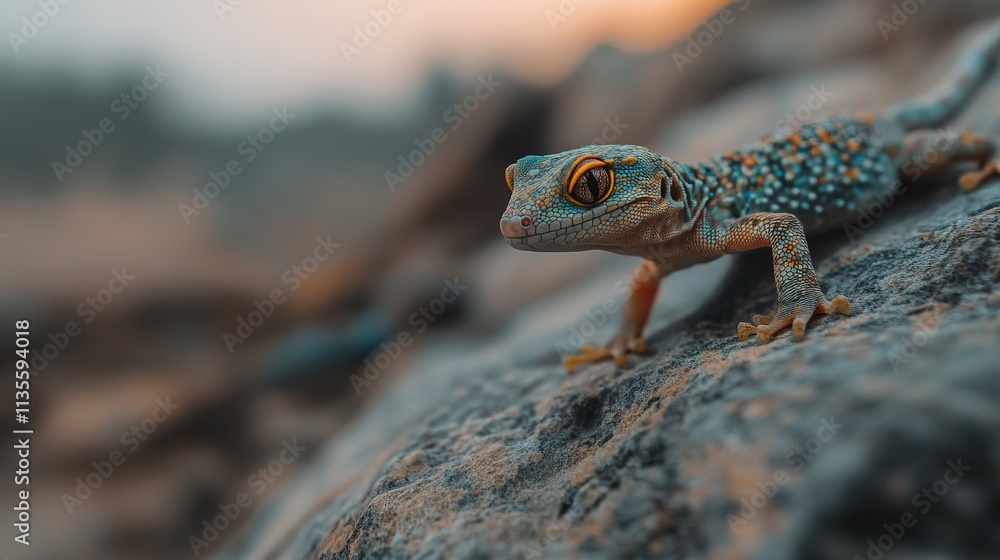 A vibrant lizard resting on a rugged rock surface, showcasing its colorful scales in the warm evening light. A vibrant lizard resting on a rugged rock surface, showcasing its colorful scales in the warm evening light.