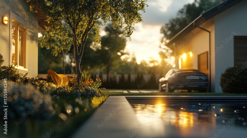 Sunset Serenity: Luxurious Home with Pool and Car Sunset Serenity: Luxurious Home with Pool and Car