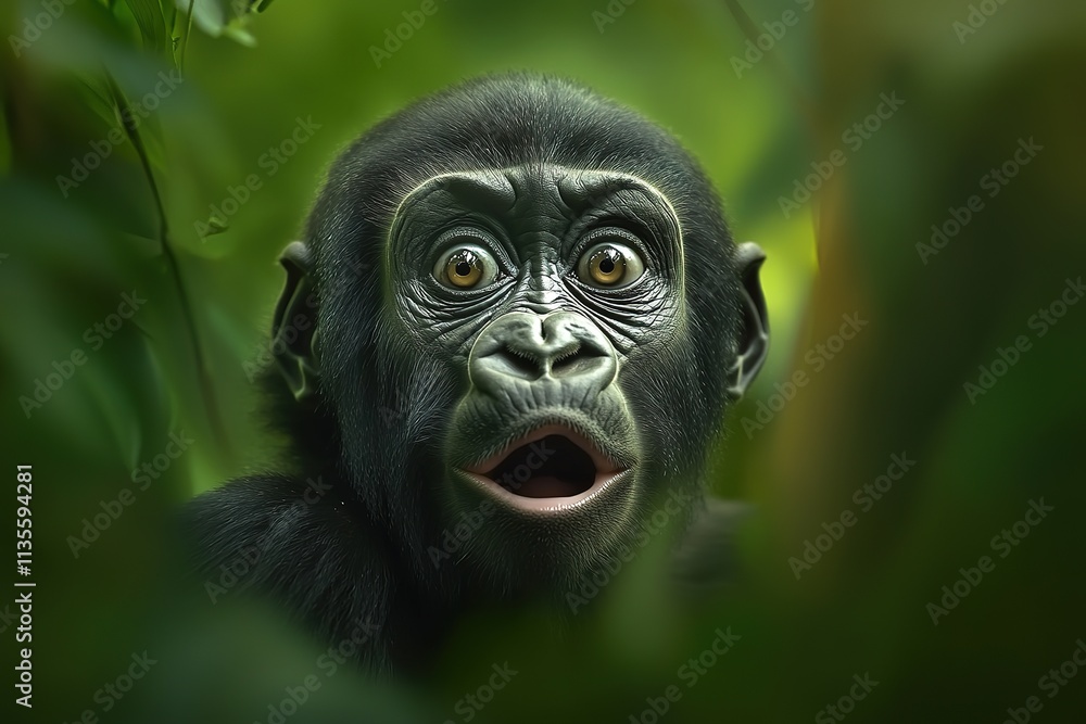 A surprised young gorilla in its natural habitat A surprised young gorilla in its natural habitat