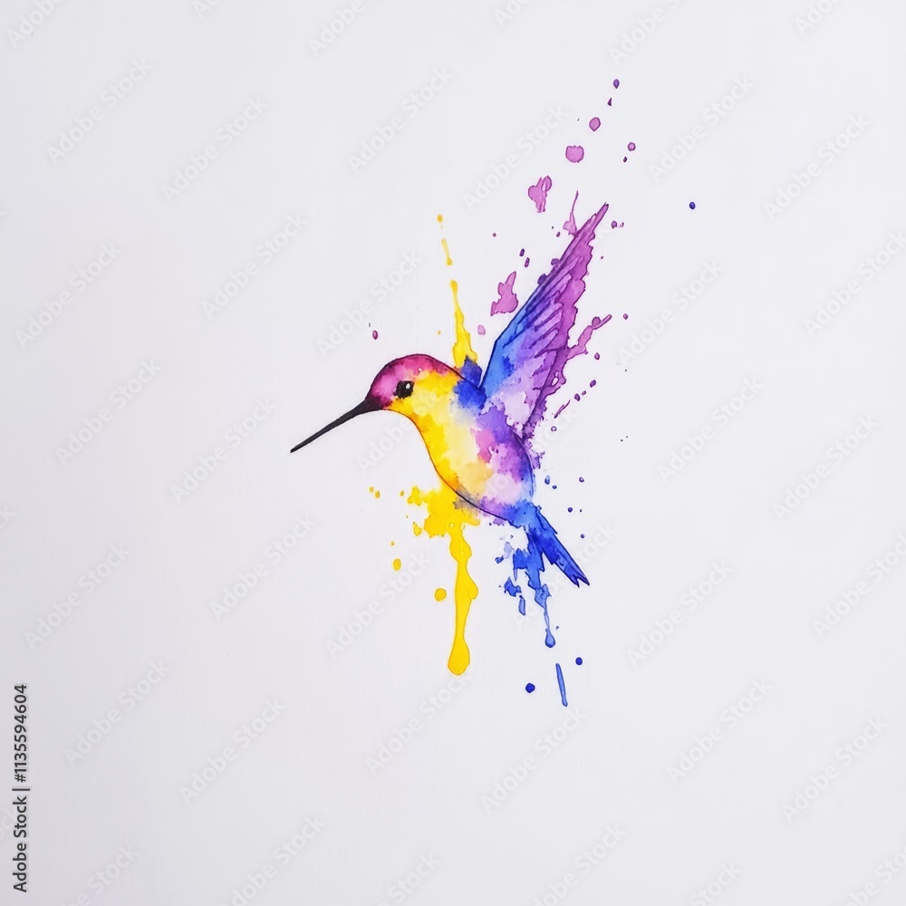 Obraz premium Watercolor painting of a vibrant hummingbird in flight, surrounded by colorful splashes.