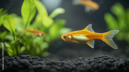 A vibrant orange goldfish swimming gracefully in a planted aquarium, surrounded by lush green foliage. photo