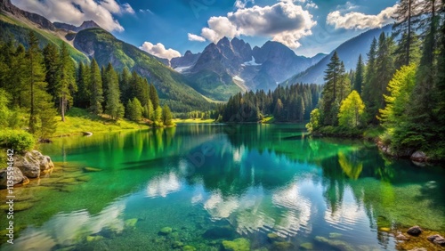 Beautiful alpine lake surrounded by lush green forest and mountains , Hintersee, Berchtesgaden, Bavaria, Germany, nature