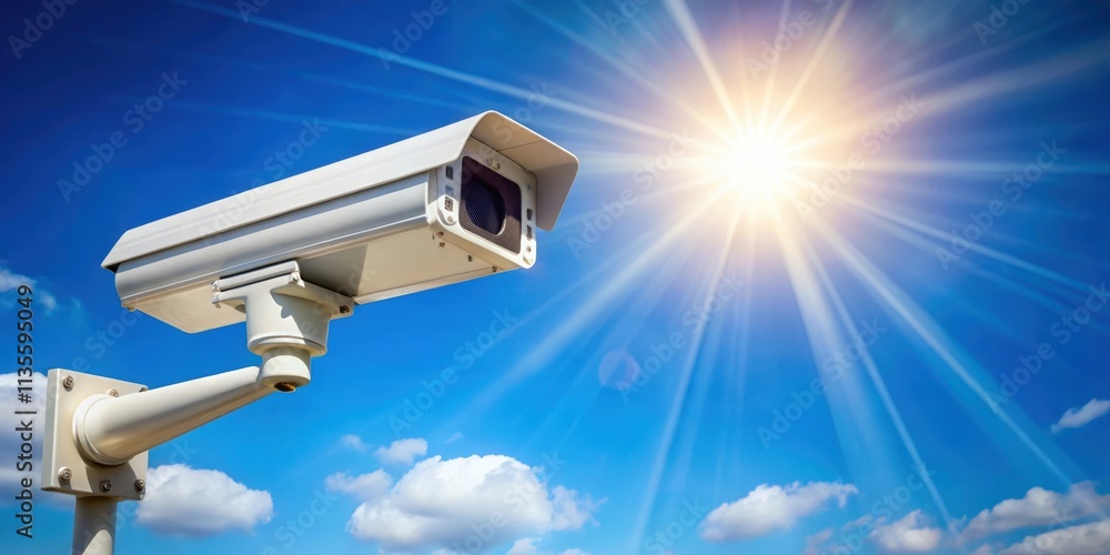 CCTV camera capturing sunlight on a clear day, security, surveillance, technology, monitoring, outdoor, protection CCTV camera capturing sunlight on a clear day, security, surveillance, technology, monitoring, outdoor, protection