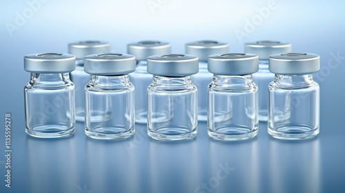 Clear Glass Vials Arranged Neatly in a Row on a Light Gradient Background for Pharmaceutical and Medical Use Illustrating Biotechnology and Laboratory Practices