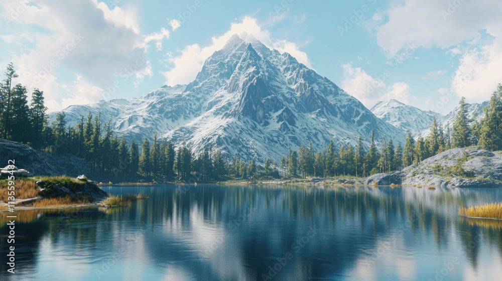 Majestic snow capped mountain reflected in serene alpine lake Majestic snow capped mountain reflected in serene alpine lake