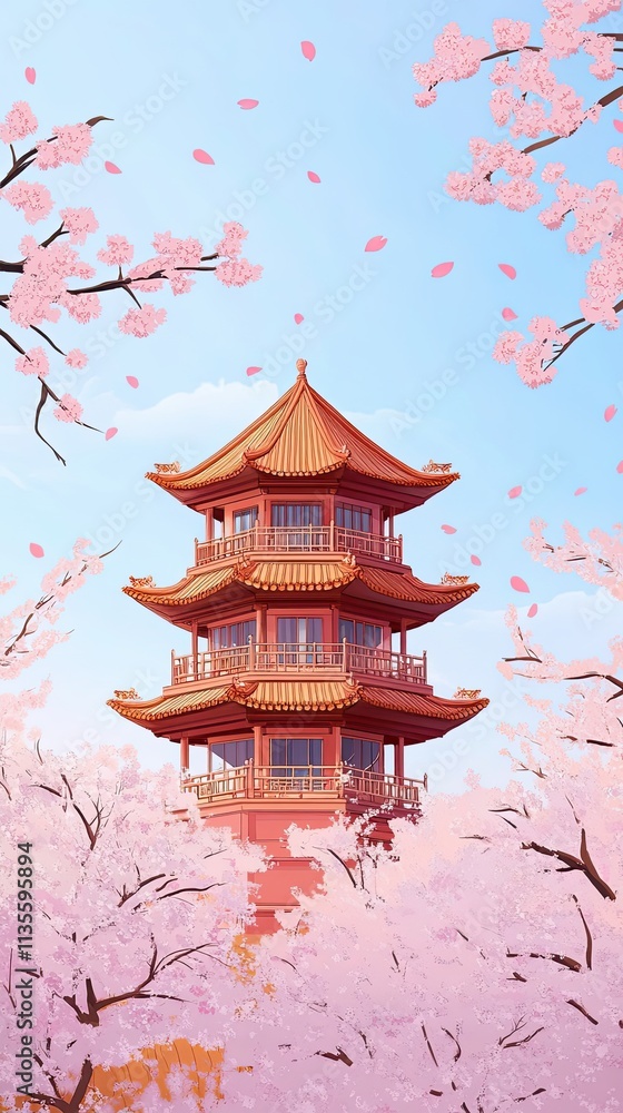 Asian Pagoda Amidst Blossoming Cherry Trees Asian Pagoda Amidst Blossoming Cherry Trees