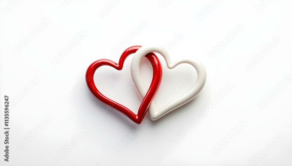 A pair of interlocked red and white ceramic heart figurines, isolated on a pure white background. A pair of interlocked red and white ceramic heart figurines, isolated on a pure white background.
