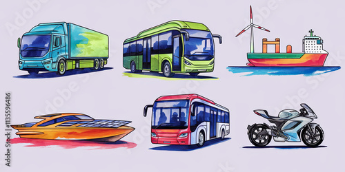 Eco Friendly Transport Truck Buses Ship Boat Motorcycle Illustration photo