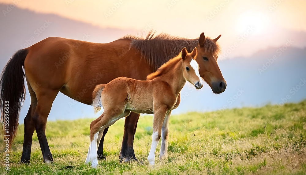 Obraz premium Newborn Foal Taking Its First Steps Beside Mother in a Green Meadow