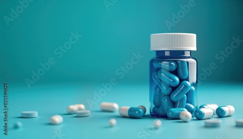 Blue pill bottle with white lid full of blue, white pills focus of vibrant modern pharmaceutical advertisement. Colorful pills showcase health care product. Modern design of pill bottle eye catching. photo