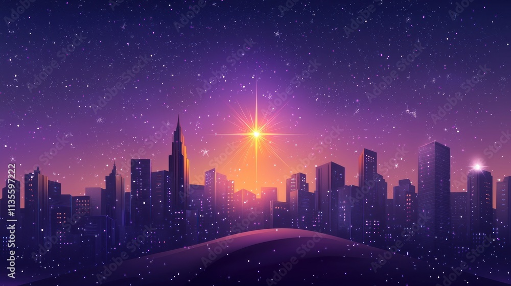 Night City Skyline Illuminated By A Bright Star Night City Skyline Illuminated By A Bright Star