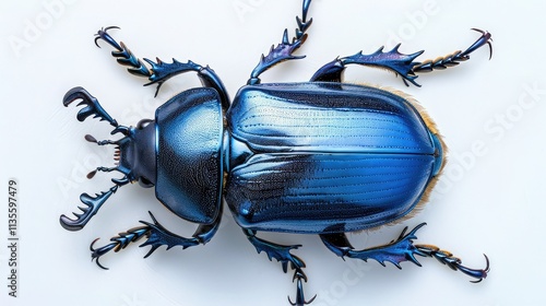 A beautiful, metallic blue beetle with a shiny, armored shell, isolated on a white background, top view photo