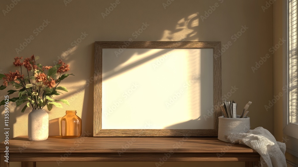 Warm Sunlight Illuminates a Wooden Desk Featuring a Blank Frame, Flowers, and Stationery Warm Sunlight Illuminates a Wooden Desk Featuring a Blank Frame, Flowers, and Stationery
