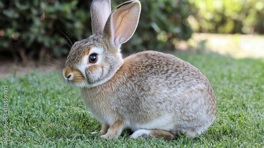 Fototapeta premium Adorable brown rabbit sitting on green grass.