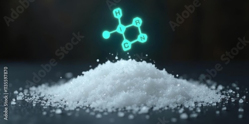 Chemical structure of hydrogen cyanide displayed above a pile of white salt in a scientific setting photo