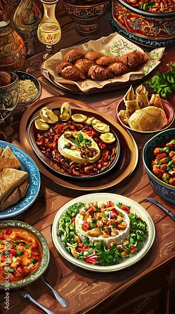 A Lavish Table Spread Of Middle Eastern Cuisine A Lavish Table Spread Of Middle Eastern Cuisine