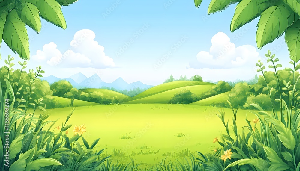 Obraz premium Serene Green Landscape With Rolling Hills And Lush Vegetation