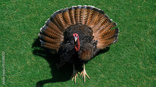 Overhead view of a wild turkey displaying its fanned tail feathers on a green lawn. photo