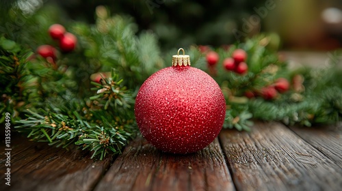 A shiny red Christmas ornament rests on a wooden surface, surrounded by greenery and festive berries, evoking a cozy holiday atmosphere.