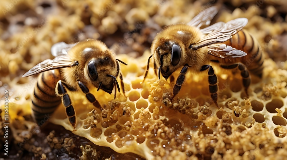 Fototapeta premium Bees on a wax comb with bee larvae.generative.ai