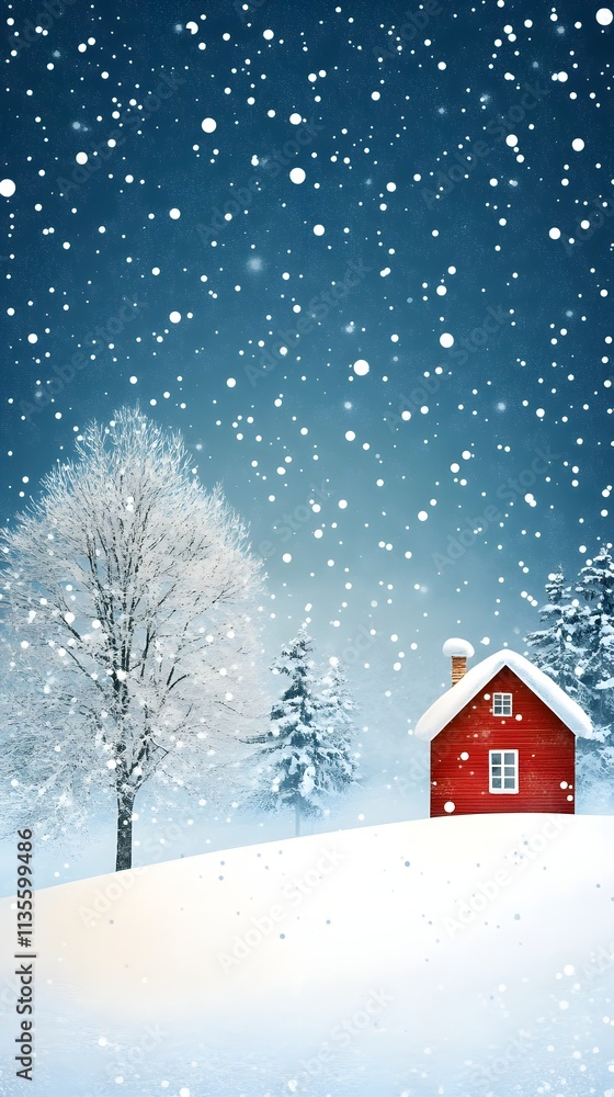 Naklejka premium Red Cabin Winter Snow Scene Peaceful Snowy Landscape