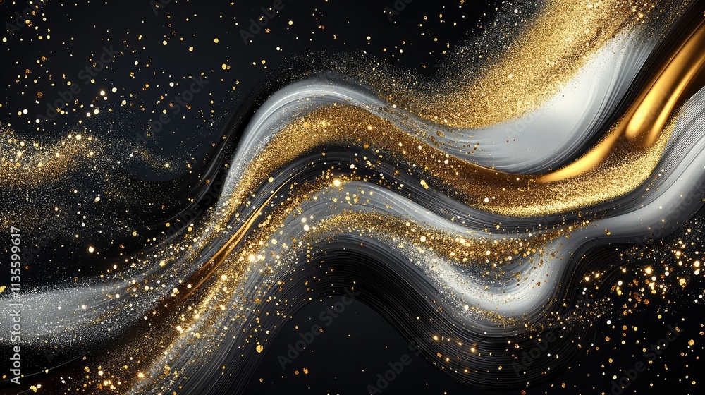 Elegant Golden and Silver Waves with Sparkles on Dark Background Elegant Golden and Silver Waves with Sparkles on Dark Background