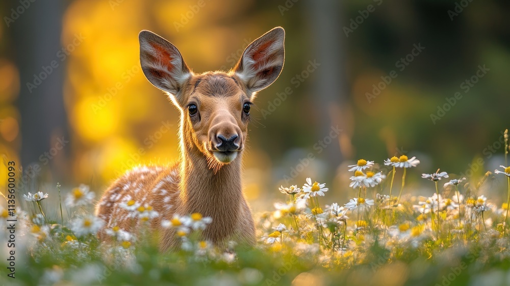 A fawn resting among daisies in a sunlit meadow. A fawn resting among daisies in a sunlit meadow.