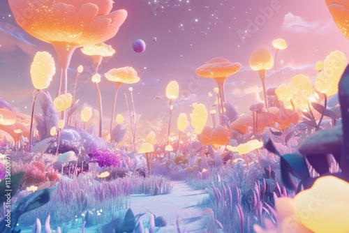 Enchanted Dreamscape of Luminescent Flora and Ethereal Skies with Soft Pastel Hues, Perfect for Fantasy Themes and Imaginative Landscapes in Digital Art