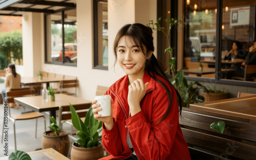 woman in red coat smiles while holding coffee cup in cozy cafe. warm atmosphere and greenery create welcoming vibe, perfect for relaxation