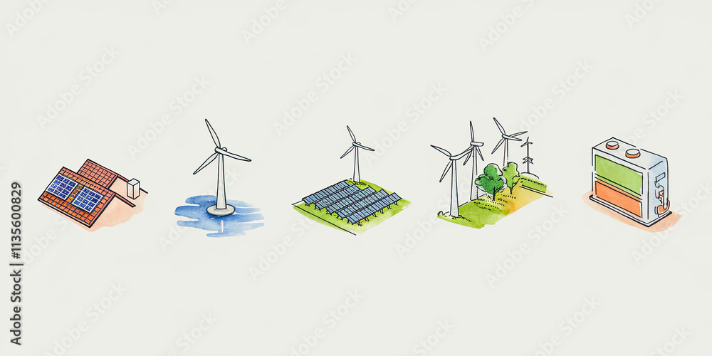 Obraz premium Renewable Energy Sources Solar Panels Wind Turbines and Power Storage