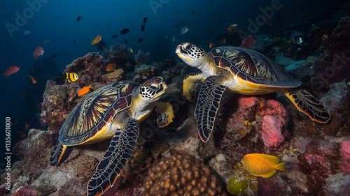 Two sea turtles on a coral reef. Underwater wildlife photography. photo