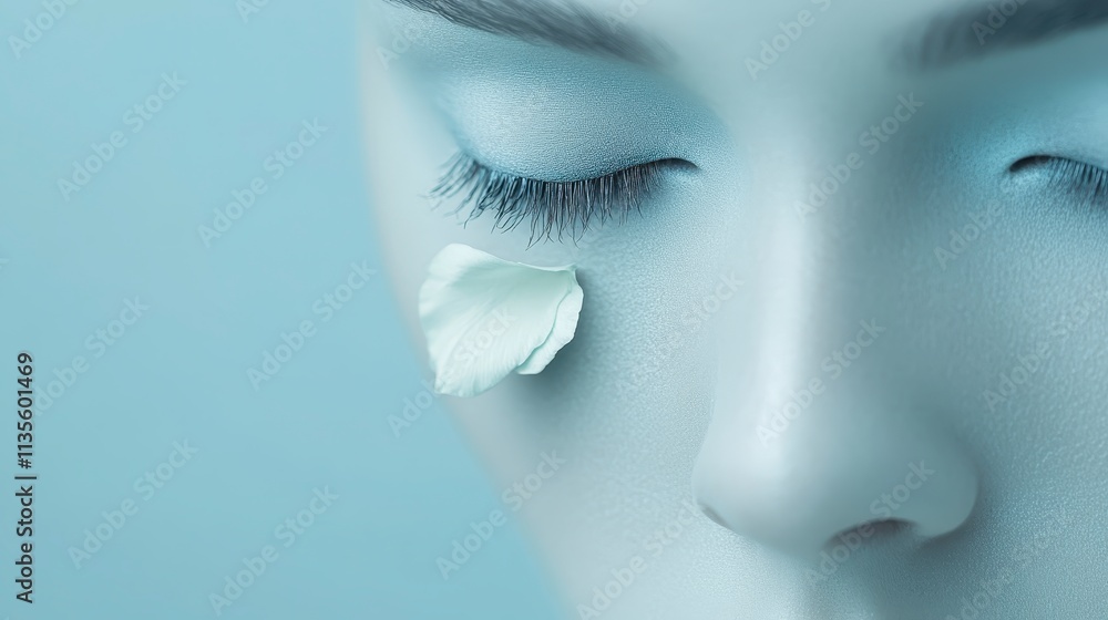 Fototapeta premium Serene Woman s Face Closeup Petal Spa Beauty Skincare Cosmetics Soft Tender Tranquil Peaceful Eye