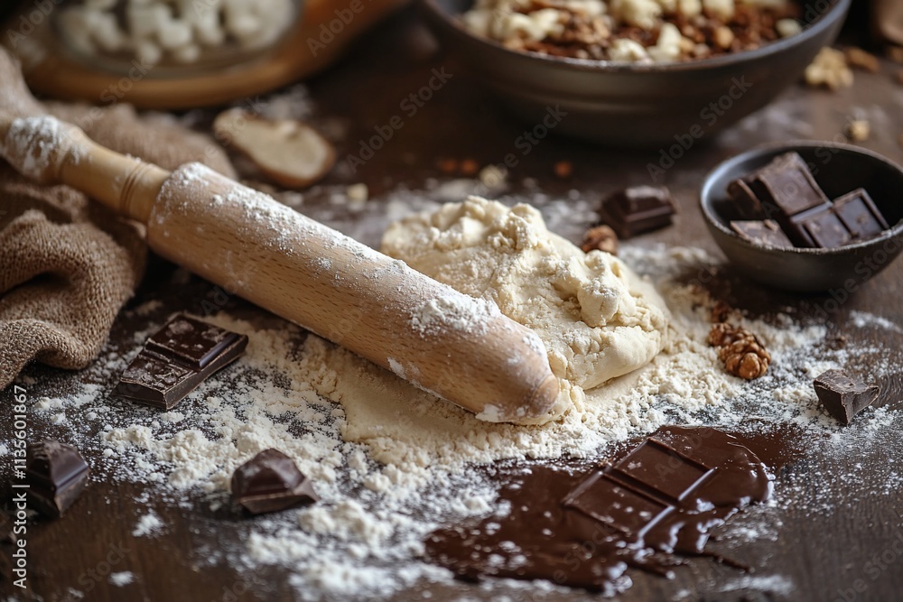 Baking Chocolate Dough with Flour and Rolling Pin. Baking Chocolate Dough with Flour and Rolling Pin.