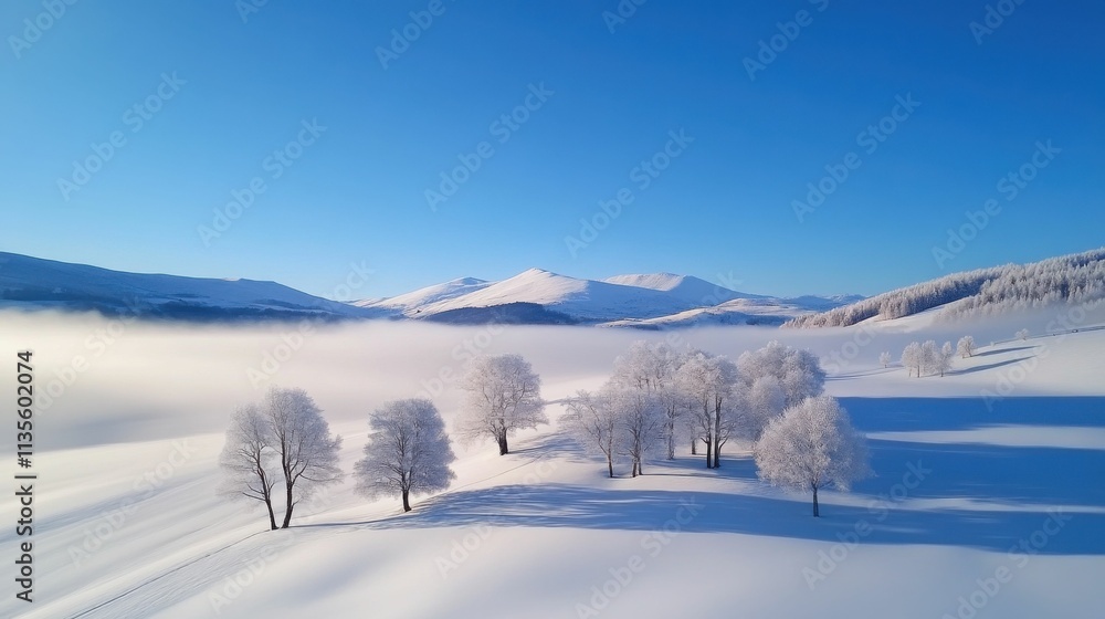 A snowy field with trees and mountains in the background A snowy field with trees and mountains in the background