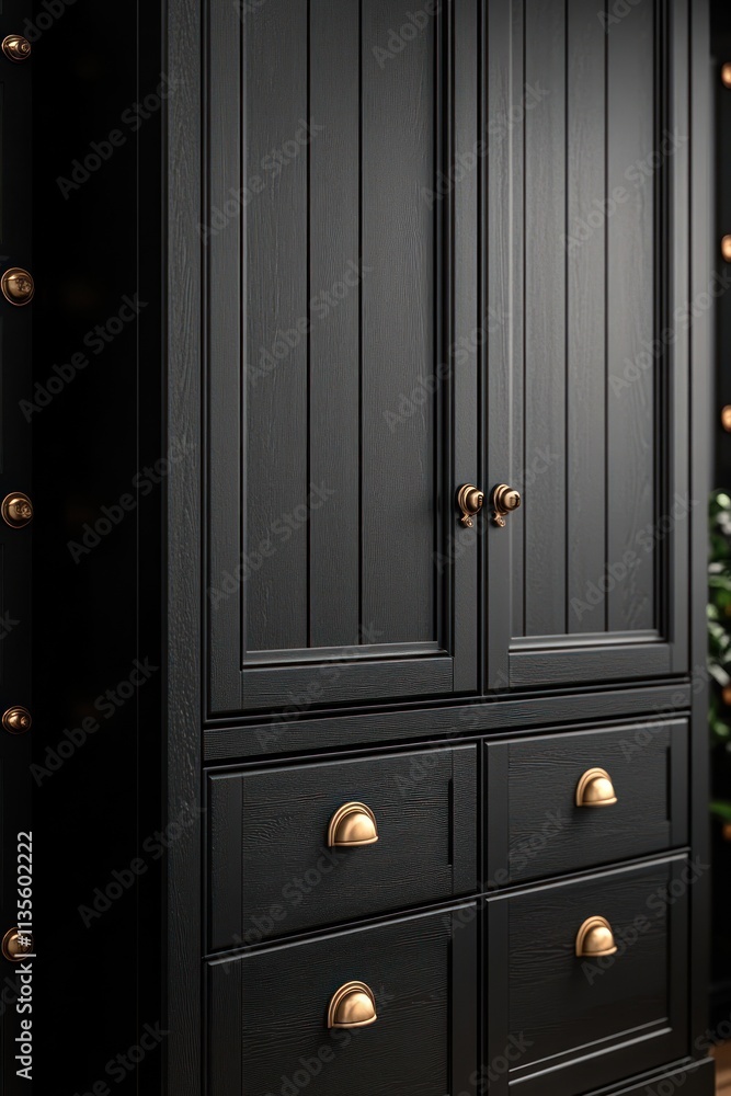 Fototapeta premium Black wooden wardrobe with copper knobs and drawers.