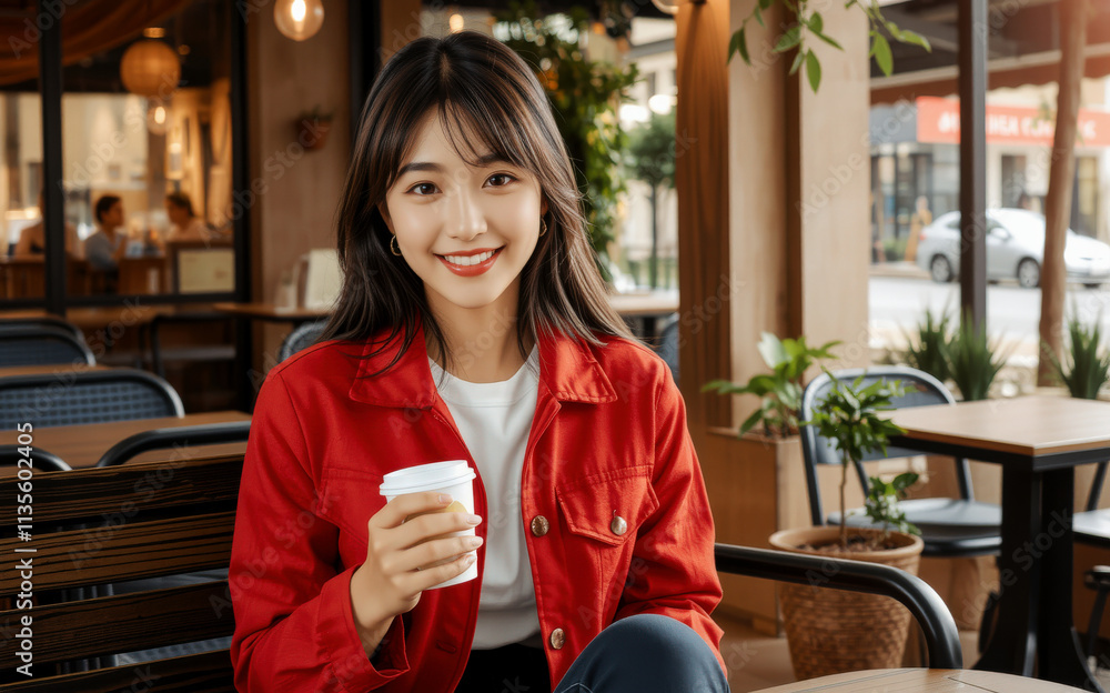 woman in red coat smiles while holding coffee cup in cozy cafe. warm atmosphere and her cheerful expression create welcoming vibe woman in red coat smiles while holding coffee cup in cozy cafe. warm atmosphere and her cheerful expression create welcoming vibe