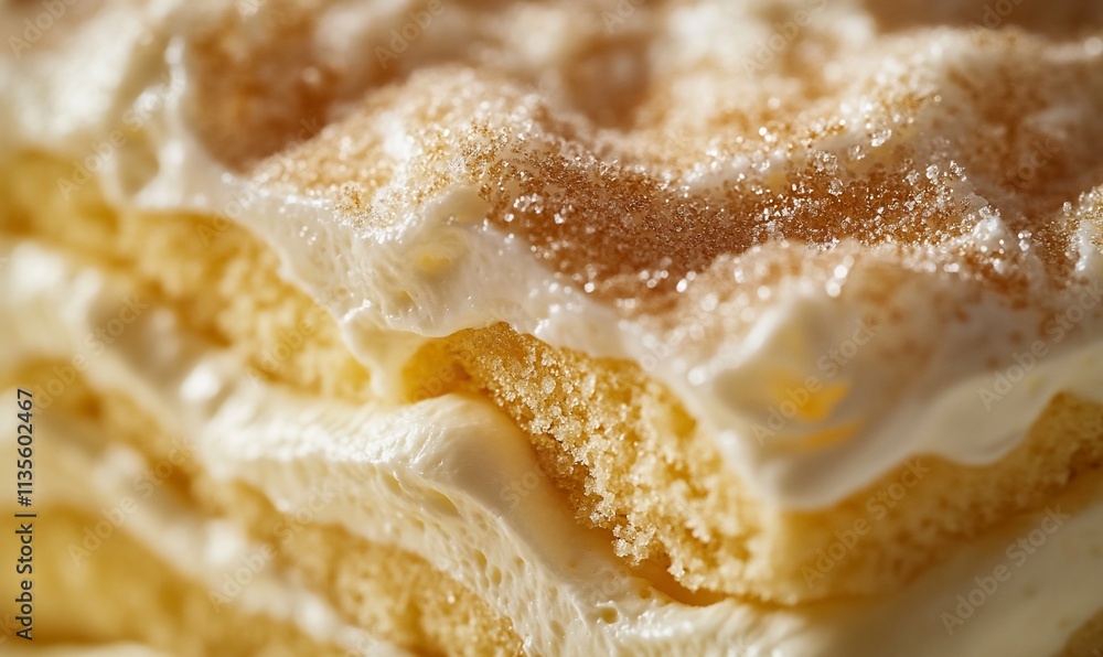Close-up of layered dessert with whipped cream and sugar. Close-up of layered dessert with whipped cream and sugar.