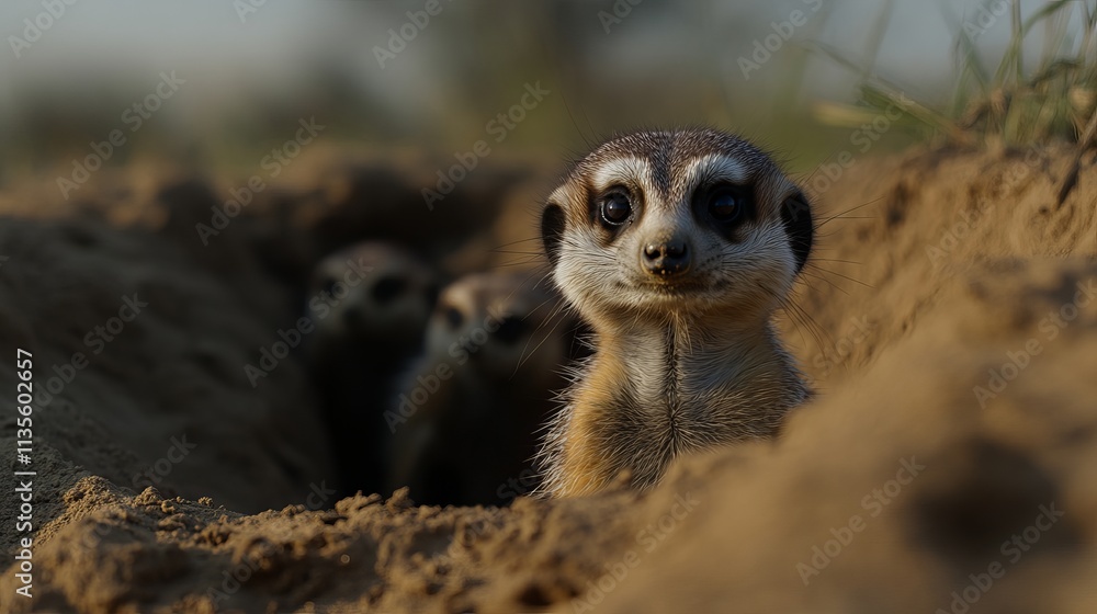 Fototapeta premium A curious meerkat peeks from a sandy burrow, surrounded by fellow meerkats in the background, under soft sunlight.