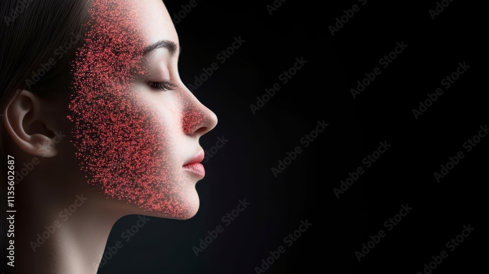 Fototapeta premium Woman s Face Profile Skincare Beauty Red Particles Technology Cosmetics