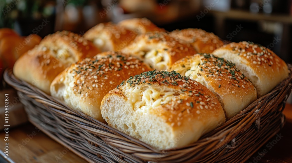 a basket of bread with cheese in it a basket of bread with cheese in it
