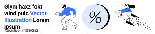 Man running, woman flying on rocket, large percentage symbol. Ideal for business presentations, marketing materials, financial reports, startup pitches, online promotions, educational content
