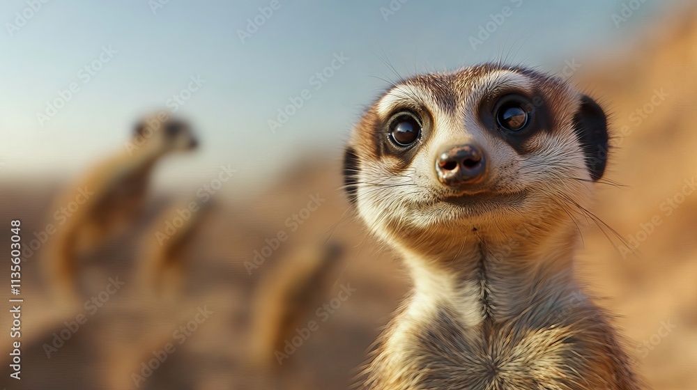 Fototapeta premium A close-up of a curious meerkat with expressive eyes, surrounded by blurred companions in a desert setting.