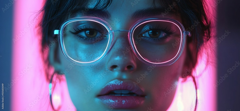 Close-up woman with eyeglasses in neon light. Close-up woman with eyeglasses in neon light.